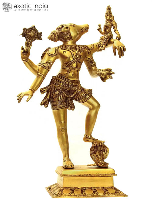 17" Varaha Brass Statue with Bhudevi - Vishnu's Boar Incarnation