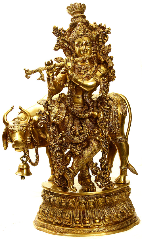 28" Large Lord Krishna with Cow Brass Statue Handmade