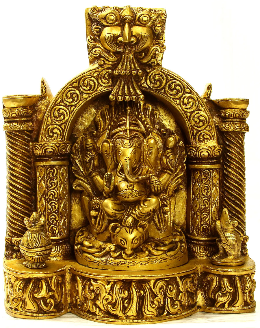 10" Handmade Lambodara Ganapati Brass Idol with Vedika