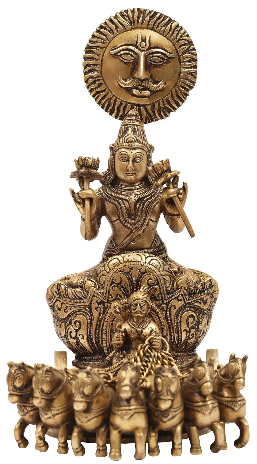12" Lord Surya Seven Horse Chariot Brass Statue Handmade