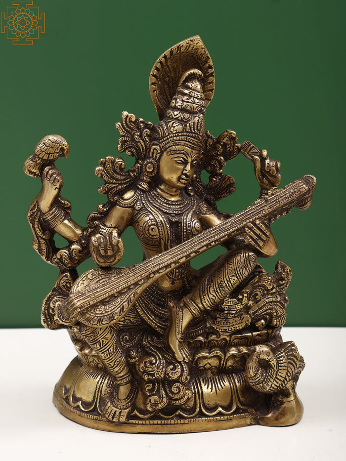 11" Brass Goddess Saraswati Statue Seated on Pedestal