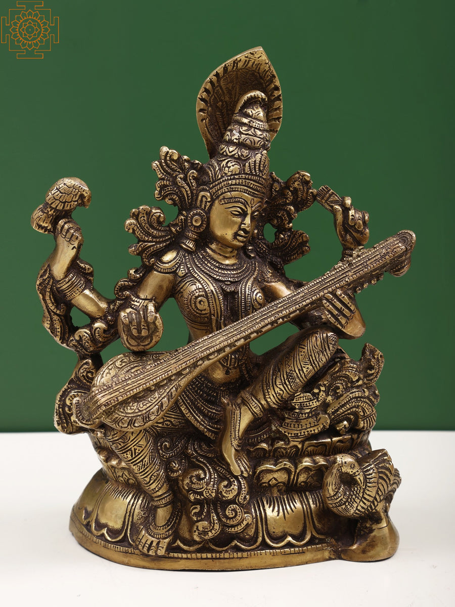 11" Brass Goddess Saraswati Statue for Home Pooja