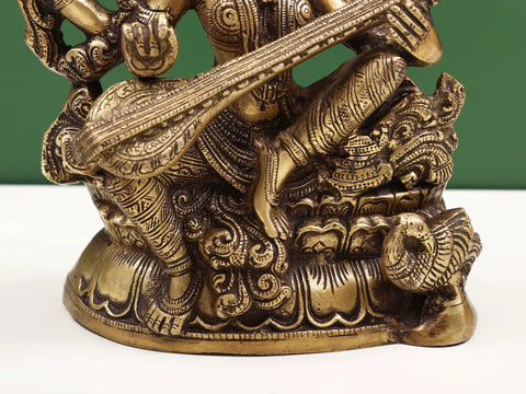11" Brass Goddess Saraswati Statue Seated on Pedestal
