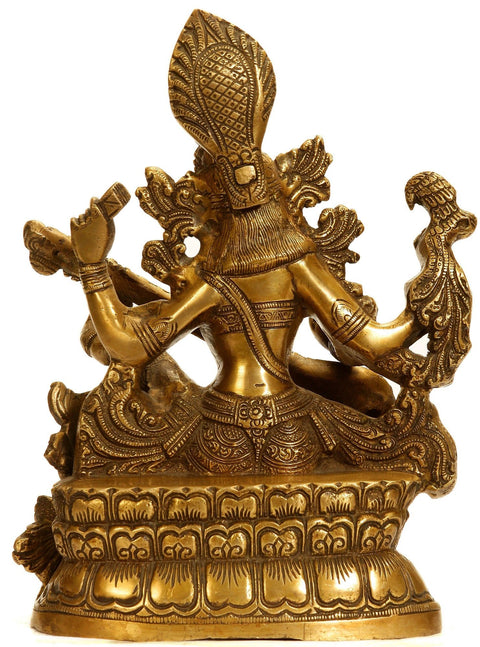11" Brass Goddess Saraswati Statue Seated on Pedestal
