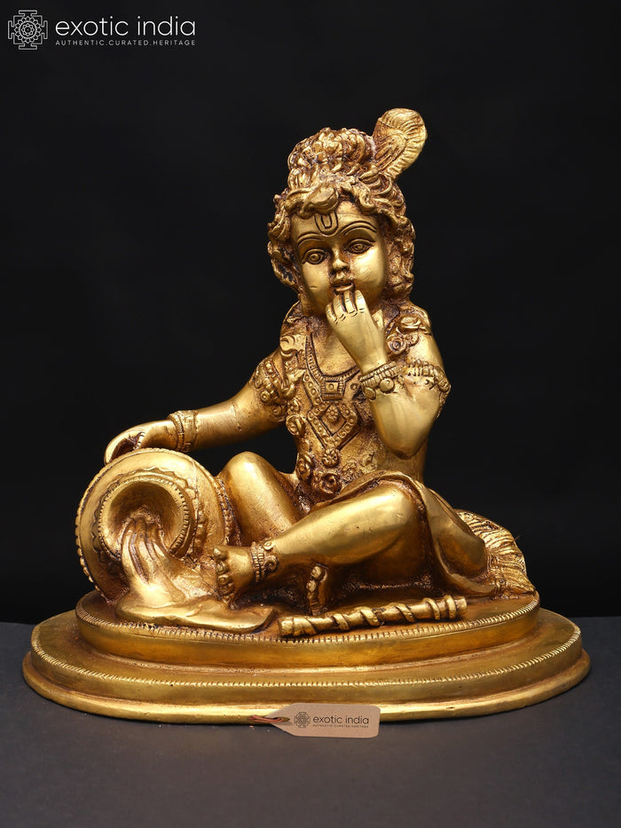 8" Handmade Butter Thief Baby Krishna Brass Statue