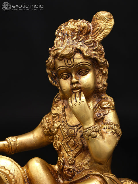 8" Butter Thief Baby Krishna Statue in Brass