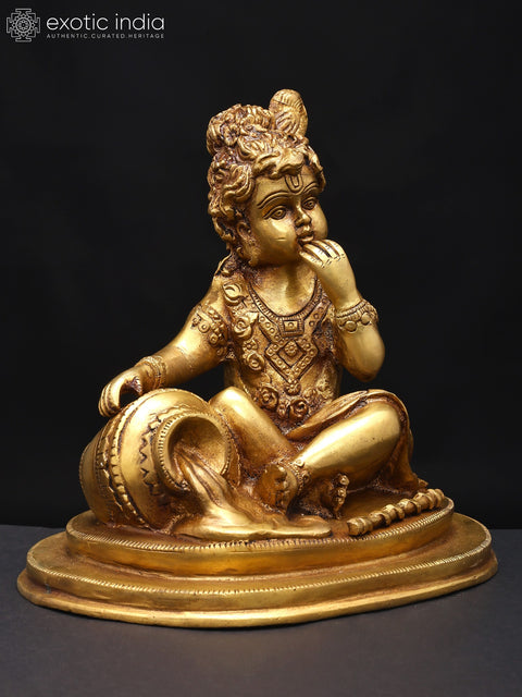 8" Butter Thief Baby Krishna Statue in Brass