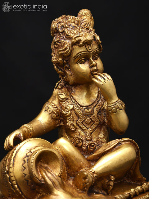 8" Butter Thief Baby Krishna Statue in Brass
