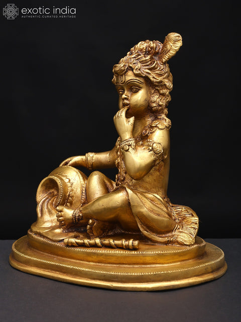 8" Butter Thief Baby Krishna Statue in Brass