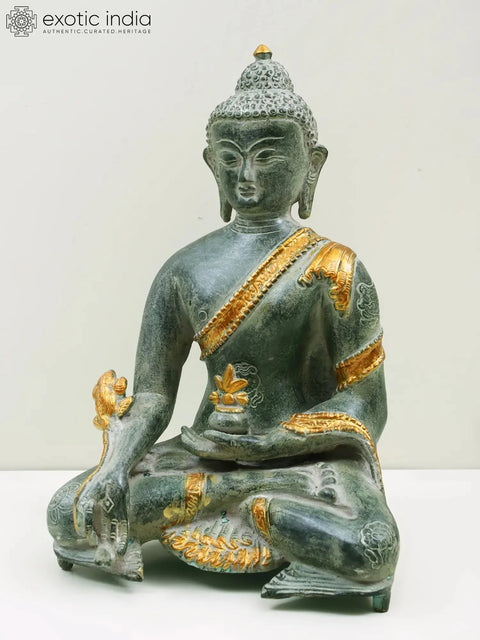 11" (Tibetan Buddhist Deity) The Medicine Buddha in Silver Hue with Golden Border Garment In Brass | Handmade | Made In India