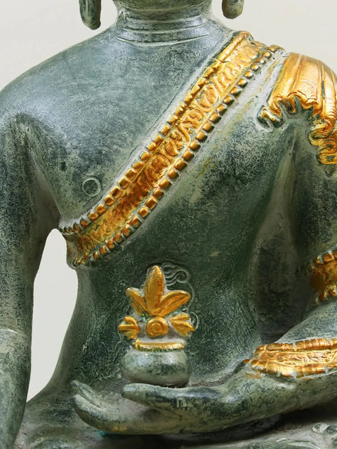 11" (Tibetan Buddhist Deity) The Medicine Buddha in Silver Hue with Golden Border Garment In Brass | Handmade | Made In India
