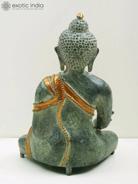 11" (Tibetan Buddhist Deity) The Medicine Buddha in Silver Hue with Golden Border Garment In Brass | Handmade | Made In India