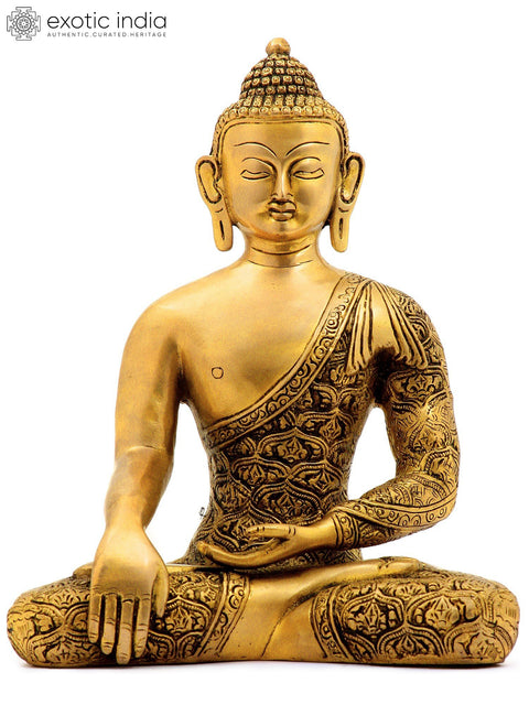 11" Lord Buddha in Bhumisparsha Mudra (Robes Decorated with Dorje) In Brass