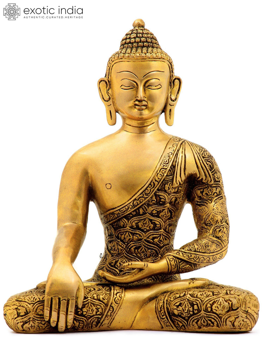 11" Buddha Bhumisparsha Mudra Brass Statue with Decorated Robes