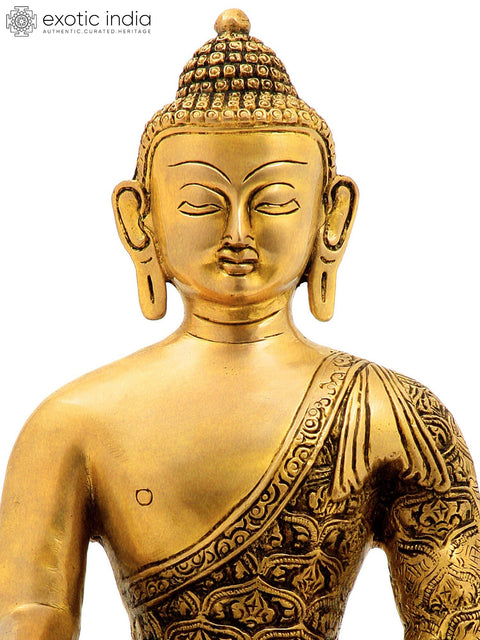 11" Lord Buddha in Bhumisparsha Mudra (Robes Decorated with Dorje) In Brass