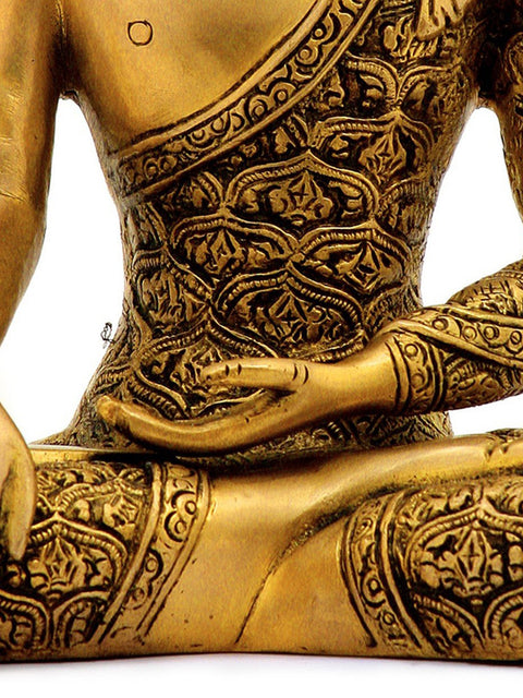 11" Lord Buddha in Bhumisparsha Mudra (Robes Decorated with Dorje) In Brass