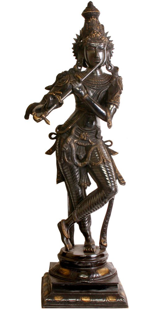 36" Large Lord Krishna Black Brass Statue Handmade Home Decor