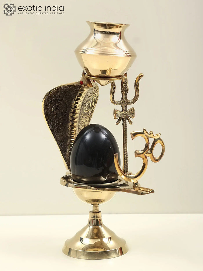 12" Brass Shiva Linga with Dripping Vase Statue for Pooja