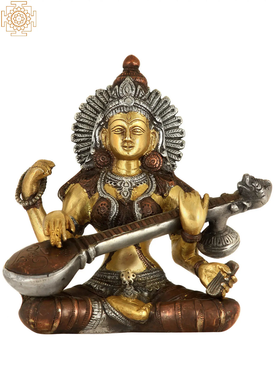 7" Handmade Brass Goddess Saraswati Statue