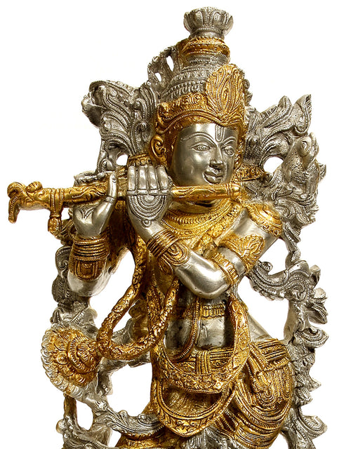 17" Venugopala (Murali Krishna) in Silver and Golden Hues In Brass