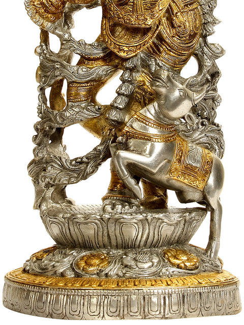 17" Venugopala (Murali Krishna) in Silver and Golden Hues In Brass