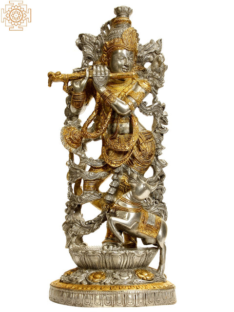17" Venugopala (Murali Krishna) in Silver and Golden Hues In Brass