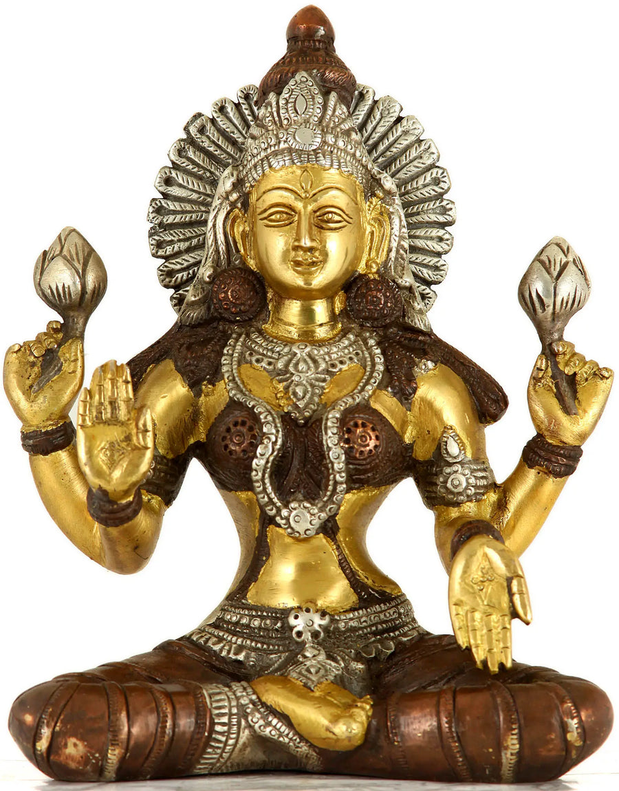 7" Lakshmi Brass Statue - Goddess of Fortune and Prosperity Handmade