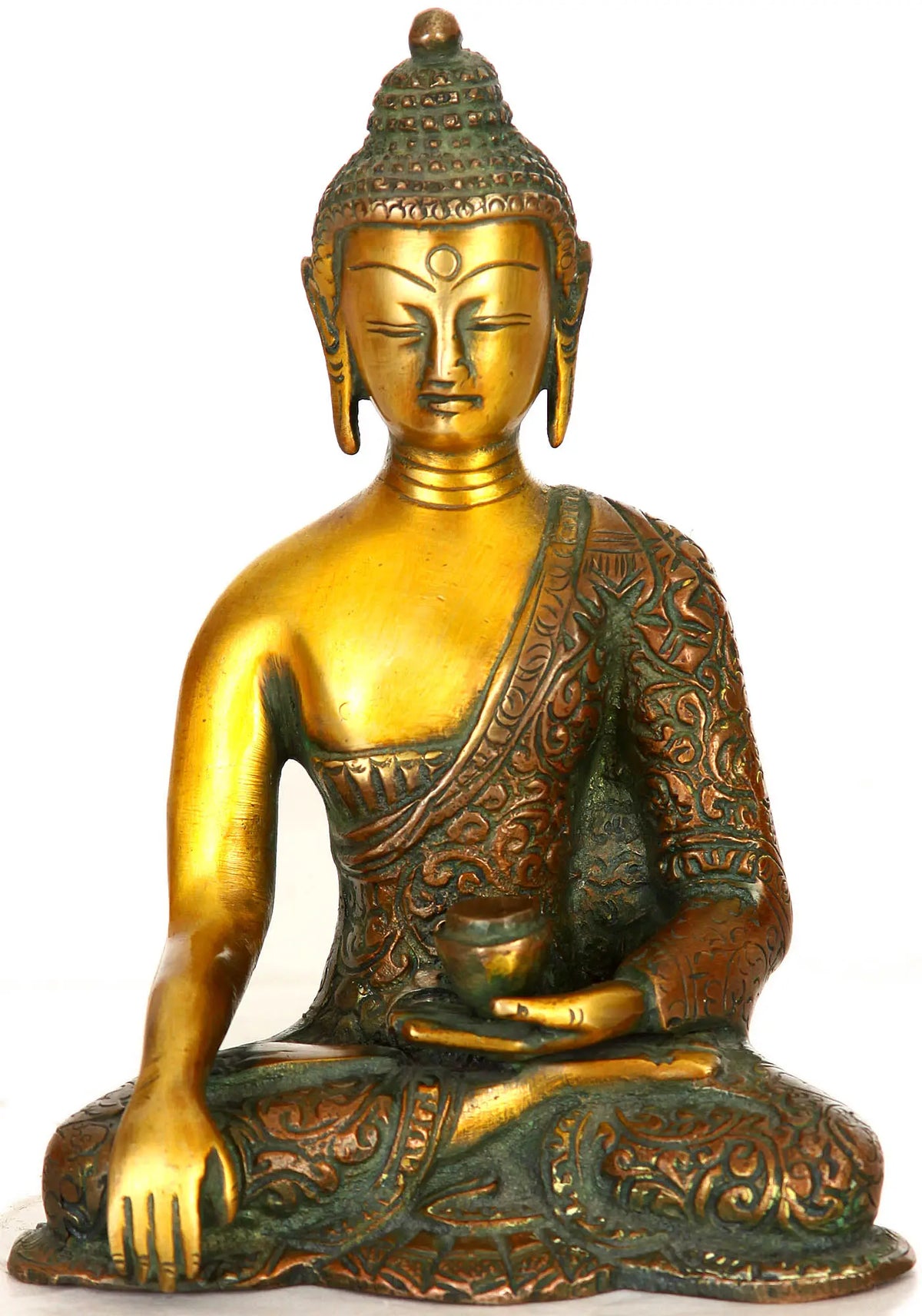 6" Lord Buddha in Bhumisparsha Mudra (Robes Decorated with Floral Motifs) In Brass | Handmade | Made In India