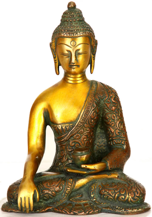 6" Handmade Lord Buddha Bhumisparsha Mudra Brass Statue with Floral Robes