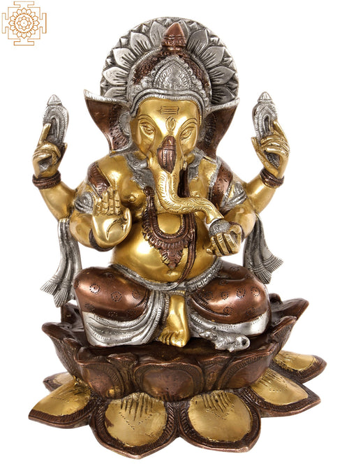 12" Kamalasana Ganesha Brass Statue for Pooja and Home Decor