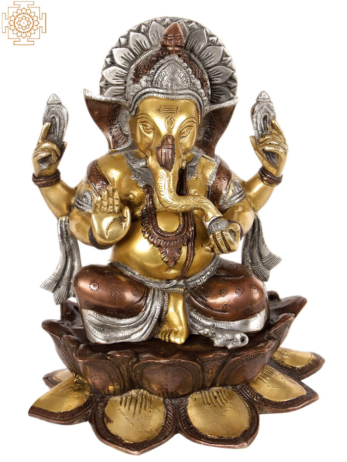 12" Kamalasana Ganesha Brass Statue for Pooja and Home Decor