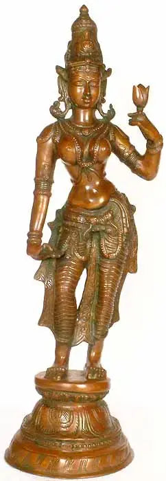 28" Two-Armed Goddess Lakshmi Handmade Brass Statue for Home Pooja