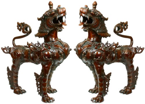 Tibetan Buddhist Brass Pair of Temple Lions Statue Handmade