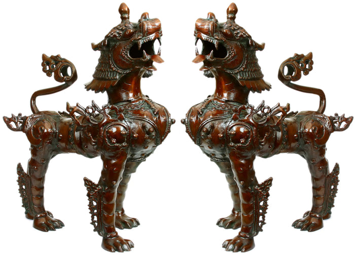 Tibetan Buddhist Large Size Pair of Mythicised Lions (Temple Lions)