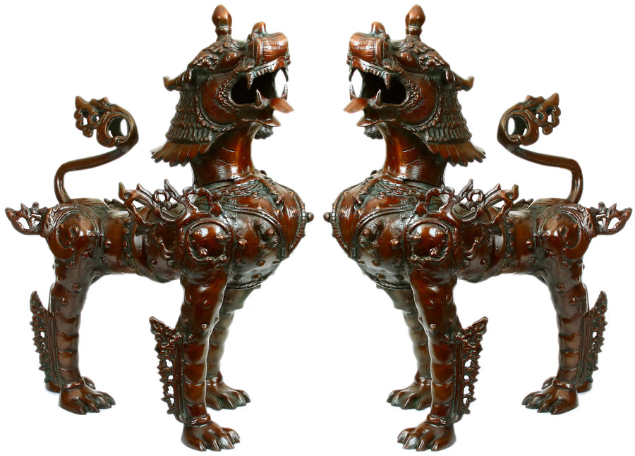 Tibetan Buddhist Brass Pair of Temple Lions Statue Handmade