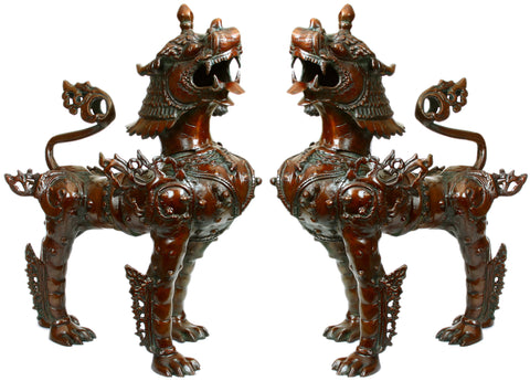 Tibetan Buddhist Large Size Pair of Mythicised Lions (Temple Lions)