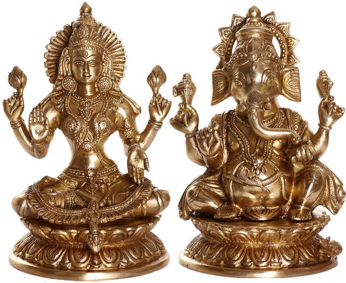 9" Brass Ganesha and Lakshmi Kamalasana Handmade Statue