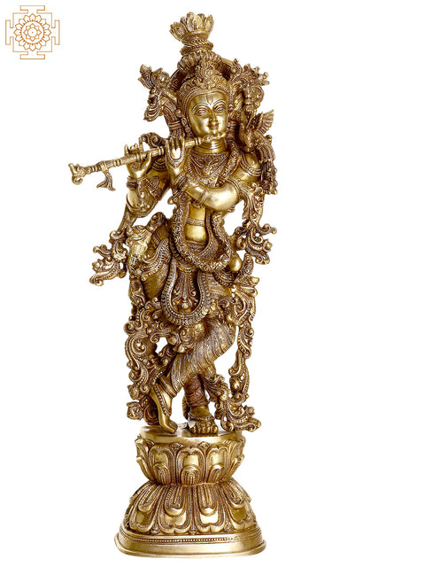 29" Enrapt Krishna Playing on Flute | Indian Handcrafted Brass Idol