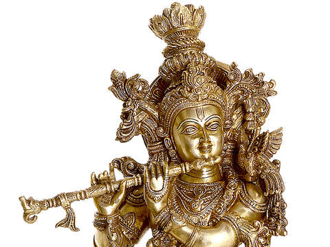29" Enrapt Krishna Playing on Flute | Indian Handcrafted Brass Idol