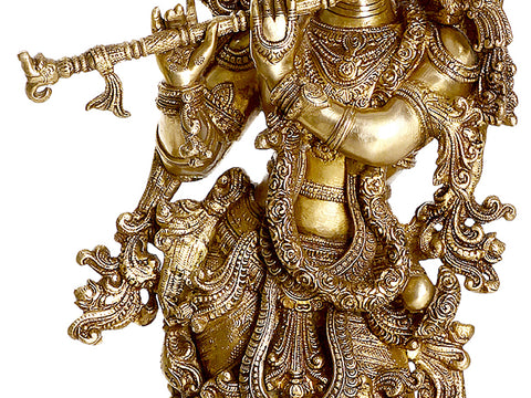 29" Enrapt Krishna Playing on Flute | Indian Handcrafted Brass Idol
