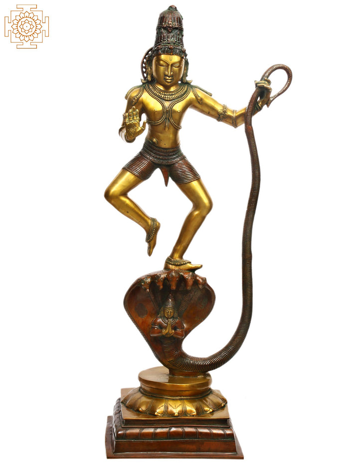 41" Large Lord Krishna Idol Dancing on Kaliya Naag | Handmade Brass Statue