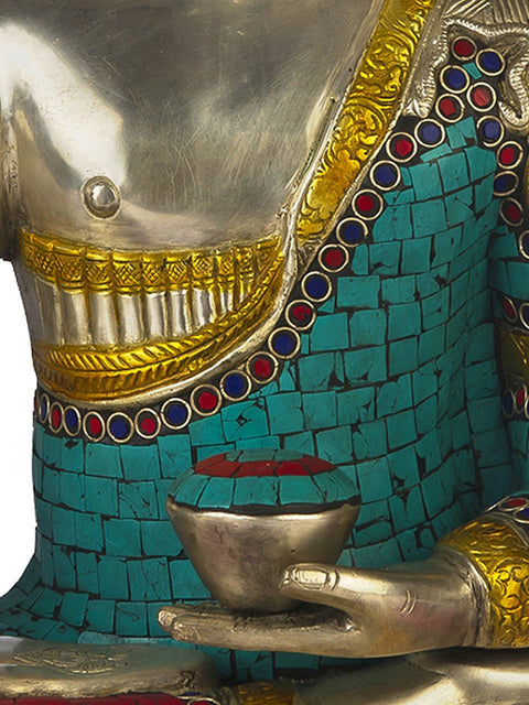 17" Lord Buddha in Bhumisparsha Mudra In Silver Hue In Brass | Handmade | Made In India