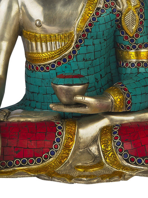 17" Lord Buddha in Bhumisparsha Mudra In Silver Hue In Brass | Handmade | Made In India