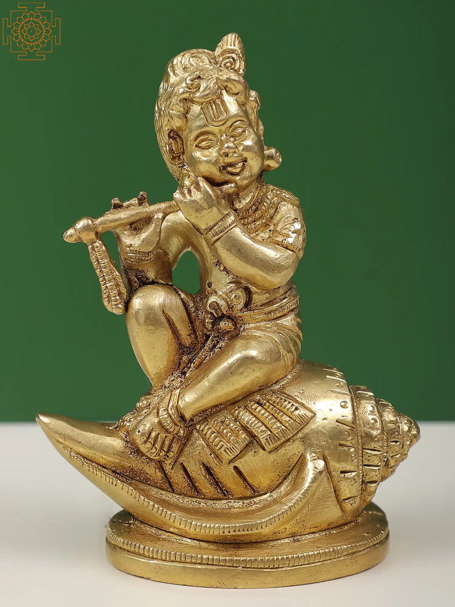 4" Baby Krishna Brass Idol Seated on Conch Playing Flute