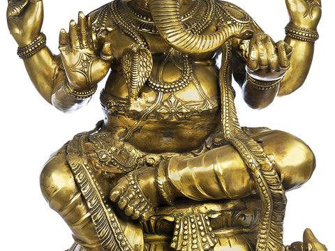 33" Large Size Four Armed Ganesha Seated in Lalitasana In Brass | Handmade | Made In India