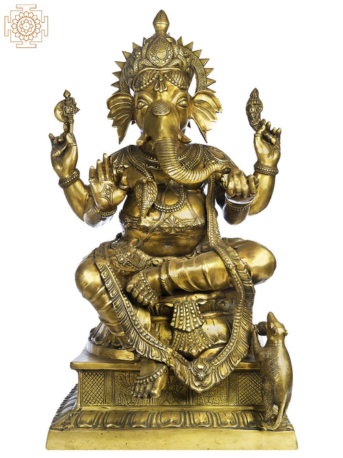 33" Four Armed Ganesha Seated in Lalitasana Brass Statue