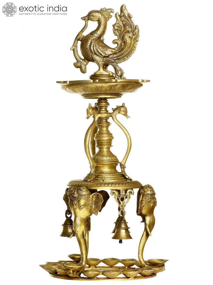 24" Brass Peacock Lamp with Elephant Heads and Puja Diyas Handmade