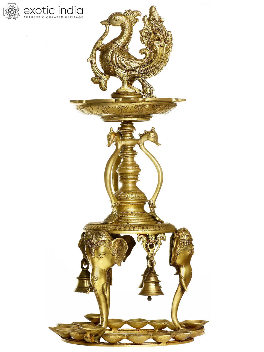 24" Brass Peacock Lamp with Elephant Heads and Puja Diyas Handmade