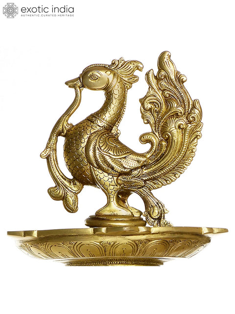 24" Peacock Lamp and Bells Supported by Elephant Heads with a Series of Puja Diyas In Brass | Handmade | Made In India