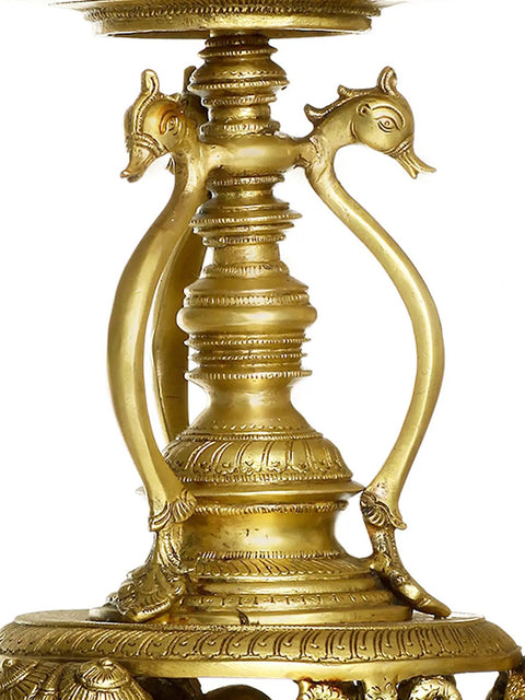 24" Peacock Lamp and Bells Supported by Elephant Heads with a Series of Puja Diyas In Brass | Handmade | Made In India